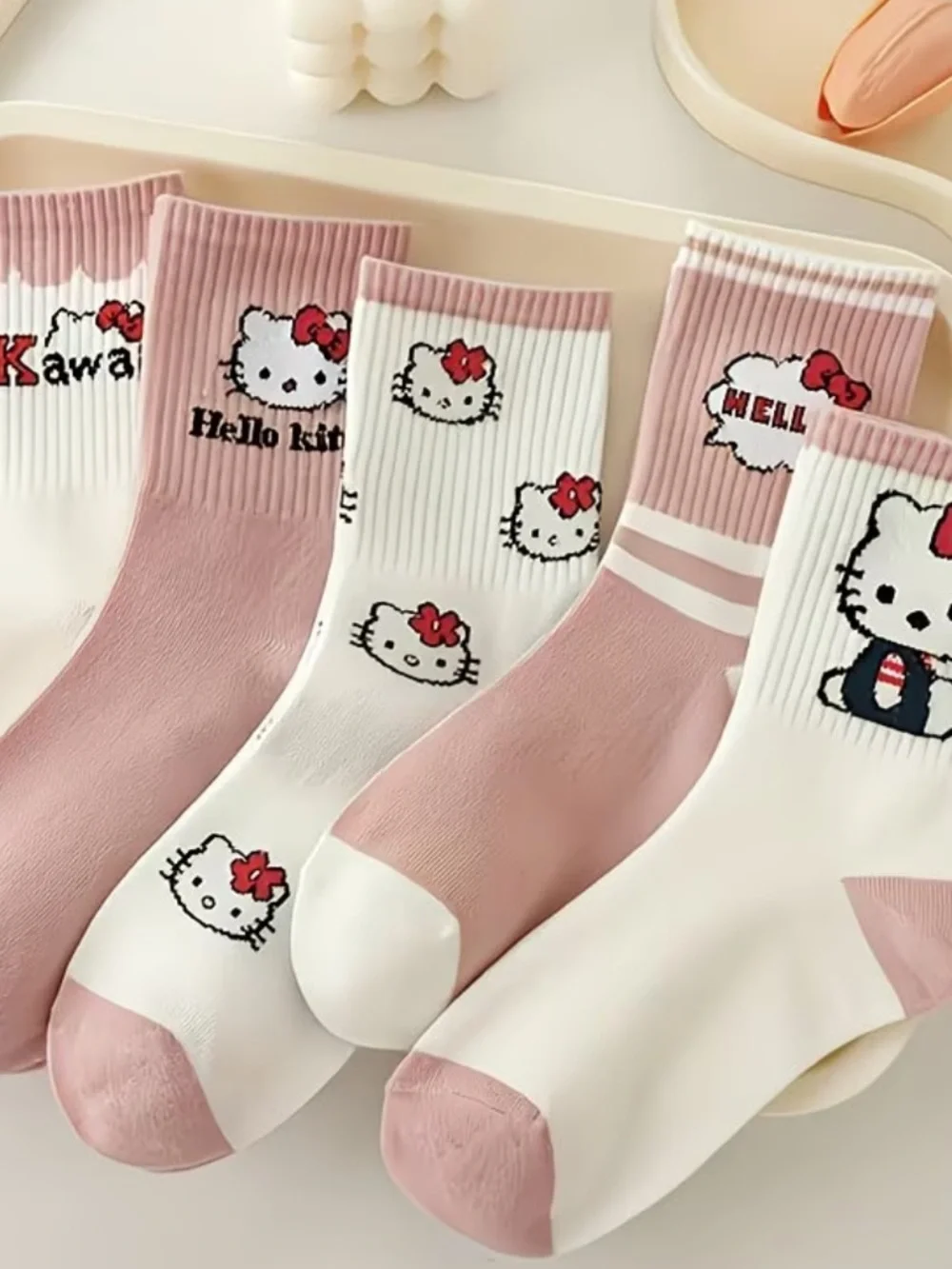 4 Pair Hello Kitty Kawaii Pink & White Crew Socks -